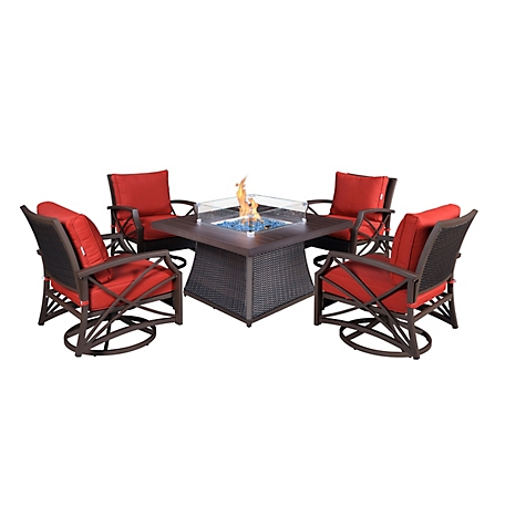 Kinger Home 42 in. Ethan Fire Pit Table Rattan Wicker Outdoor Patio Conversation Set, Brown/Red, 5 pc.