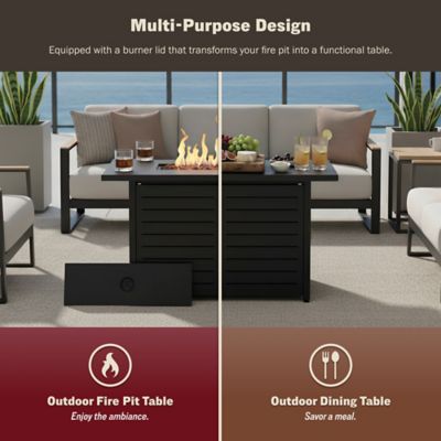 Image showing  42 in. Ore Rectangle Propane Gas Fire Pit Table with Steel/Rattan Wicker Frame, 60,000 BTU, Black