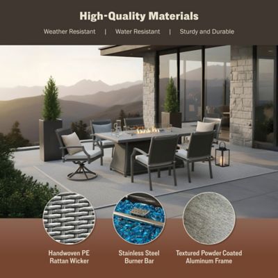 Image showing  76 in. Isla Rectangular Aluminum Frame Rattan Wicker Propane Gas Fire Pit Table Set, Grey, 50,000 BTU, 7 pc.