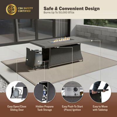 Image showing  76 in. Isla Rectangular Aluminum Frame Rattan Wicker Propane Gas Fire Pit Table Set, Grey, 50,000 BTU, 7 pc.