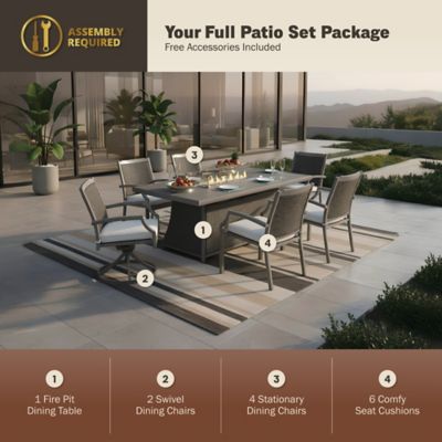 Image showing  76 in. Isla Rectangular Aluminum Frame Rattan Wicker Propane Gas Fire Pit Table Set, Grey, 50,000 BTU, 7 pc.