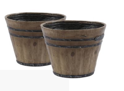 LuxenHome Set of 2 Rustic Brown Faux Wood Whiskey Barrel MGO Planters, WH028