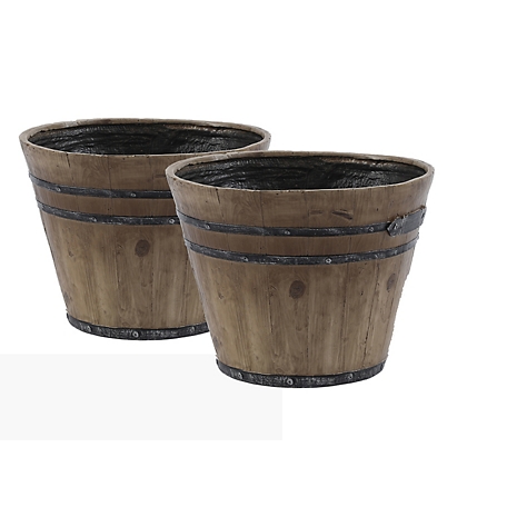LuxenHome Set of 2 Rustic Brown Faux Wood Whiskey Barrel MGO Planters, WH028