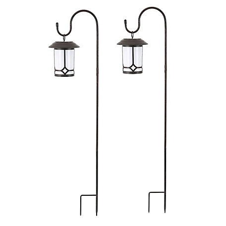LuxenHome Set of 2 Brown/White Solar Plastic Lanterns with Metal Shepherd Hooks, WH079