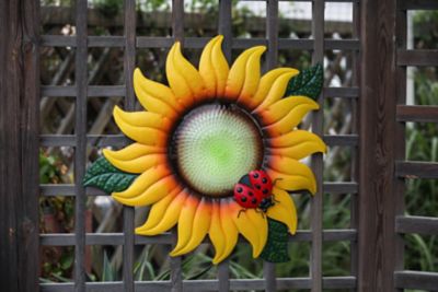Image showing 5 th LuxenHome Yellow Sunflower Metal and Glass Outdoor Wall Decor, 25.59 in. x 24.02 in.