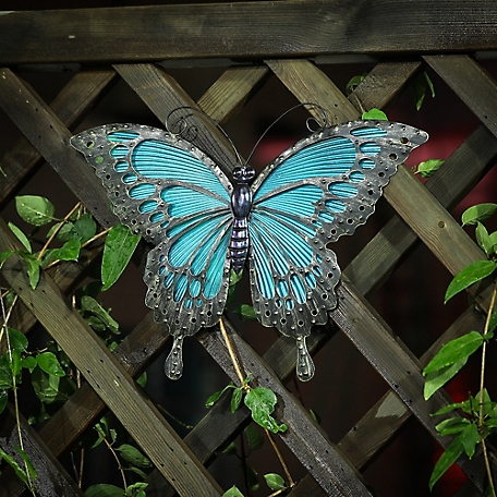LuxenHome Blue Butterfly Glass and Metal Outdoor Wall Decor, WHAO1167