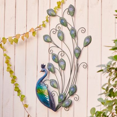 Image showing  Peacock Metal and Glass Outdoor Wall Decor, 29.5 in.