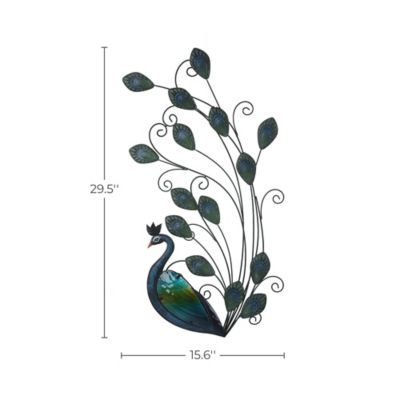 Image showing 7 th LuxenHome Peacock Metal and Glass Outdoor Wall Decor, 29.5 in.