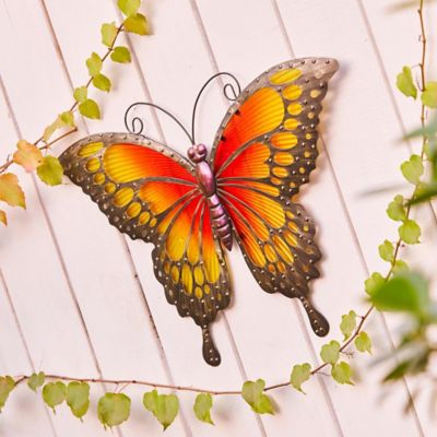 LuxenHome Orange and Yellow Butterfly Metal and Glass Outdoor Wall Decor, WHAO1524