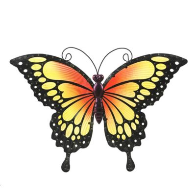 Image showing  Orange and Yellow Butterfly Metal and Glass Outdoor Wall Decor, 12.5 in. x 18 in.