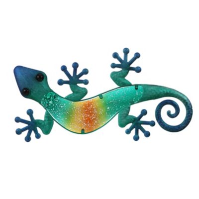 LuxenHome 24 in. Blue Gecko Lizard Metal and Glass Outdoor Wall Decor, WHAO1525