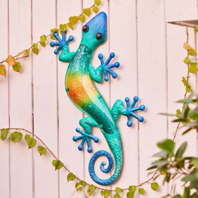 Image showing  Blue Gecko Lizard Metal and Glass Outdoor Wall Decor, 24 in.
