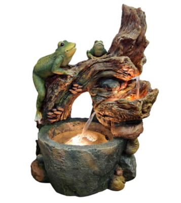 LuxenHome Brown, Green, and Gray Resin Frogs and Tree Outdoor Fountain with LED Light, WHF1014