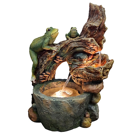 LuxenHome Brown, Green, and Gray Resin Frogs and Tree Outdoor Fountain with LED Light, WHF1014
