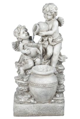 LuxenHome Gray Resin Cherub Angels Outdoor Fountain with LED Light, WHF1288