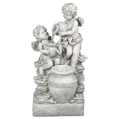 LuxenHome Gray Resin Cherub Angels Outdoor Fountain with LED Light, WHF1288