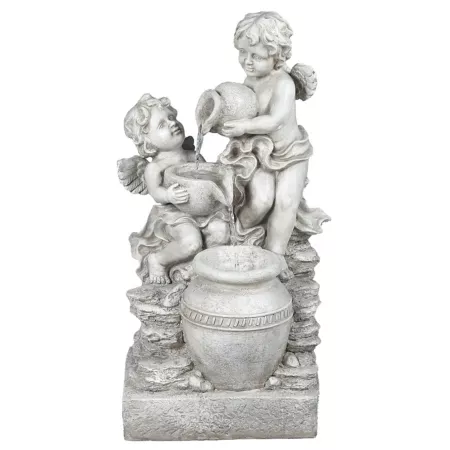 LuxenHome WHF1288 Gray Resin Cherub Angels Outdoor Fountain with LED Light Fountains