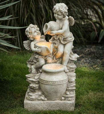 Image showing  Gray Resin Cherub Angels Outdoor Fountain with LED Light, WHF1288