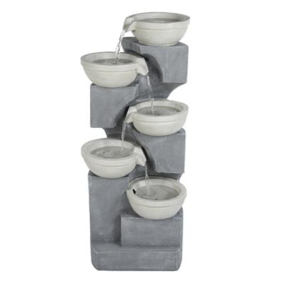 LuxenHome Five Bowl 35 in. High Gray Resin Cascading Outdoor Fountain with LED Lights, WHF1380