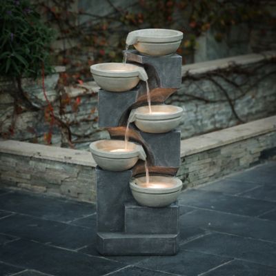 Image showing  Five Bowl 35 in. High Gray Resin Cascading Outdoor Fountain with LED Lights, WHF1380