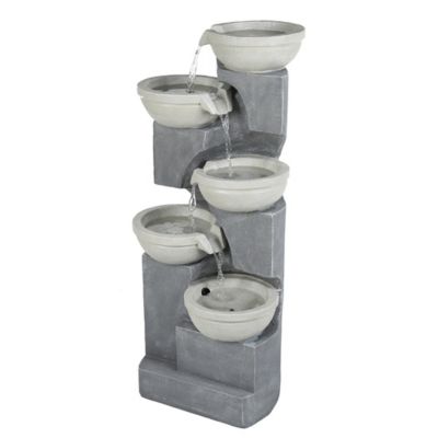 Image showing  Five Bowl 35 in. High Gray Resin Cascading Outdoor Fountain with LED Lights, WHF1380