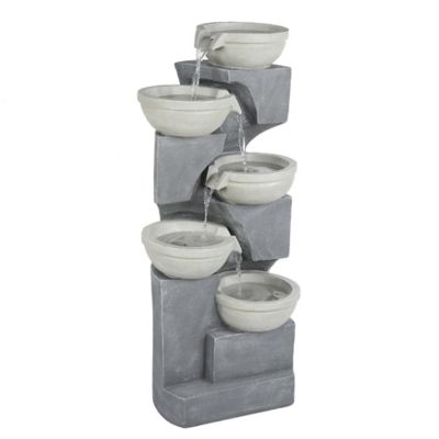 Image showing  Five Bowl 35 in. High Gray Resin Cascading Outdoor Fountain with LED Lights, WHF1380