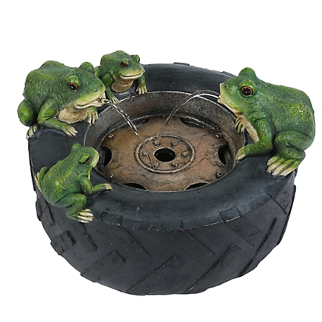 LuxenHome Black Resin Old Tire Frog Friends Outdoor Fountain, WHF1548