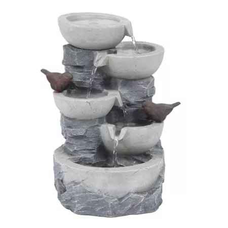 LuxenHome - Gray Resin Outdoor Fountain with Bowls and Birds WHF619 Fountains