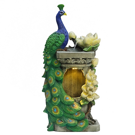 LuxenHome Resin Peacock Outdoor Fountain with LED Light, WHF623