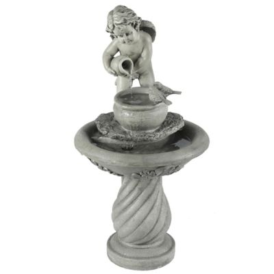 LuxenHome Gray Resin Cherub Birdbath Outdoor Fountain, WHF718