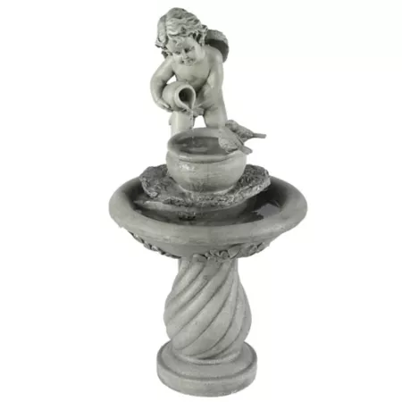 LuxenHome WHF718 Outdoor Cherub Birdbath Fountain in Gray Resin Fountains