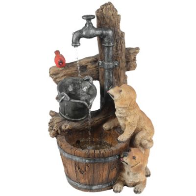 LuxenHome Resin Puppies and Water Pump Outdoor Fountain with LED Light, WHF724