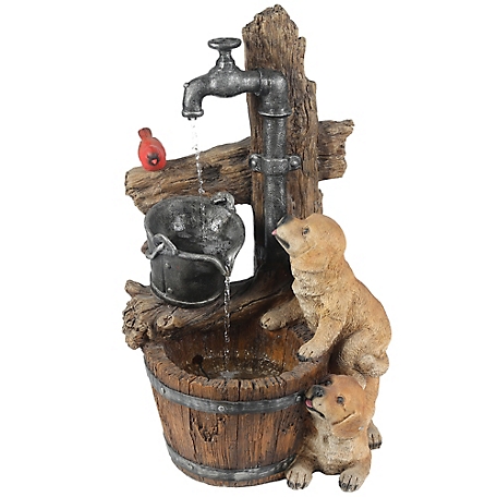 LuxenHome Resin Puppies and Water Pump Outdoor Fountain with LED Light, WHF724