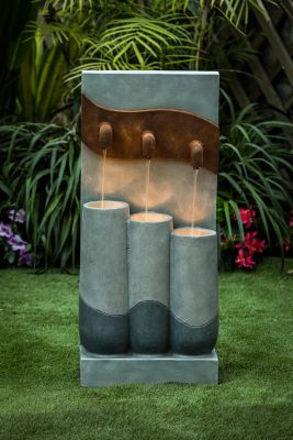 Image showing  35.63 in. Outdoor Gray Resin Pots and Rectangular Column Fountain with LED Lights
