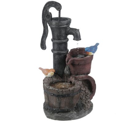 LuxenHome Resin Whiskey Barrel and Water Pump Outdoor Fountain, WHF732