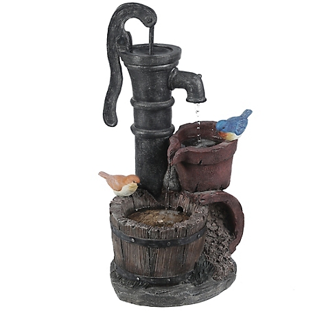 LuxenHome Resin Whiskey Barrel and Water Pump Outdoor Fountain, WHF732
