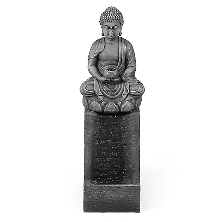 LuxenHome Gray Resin Meditating Buddha on Column Outdoor Fountain with LED Light, WHF846
