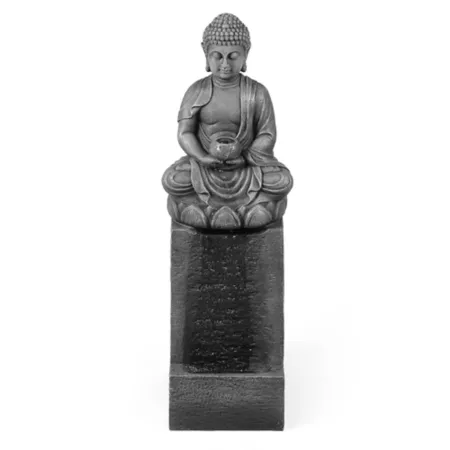 LuxenHome Gray Resin Meditating Buddha on Column Outdoor Fountain with LED Light WHF846 Fountains