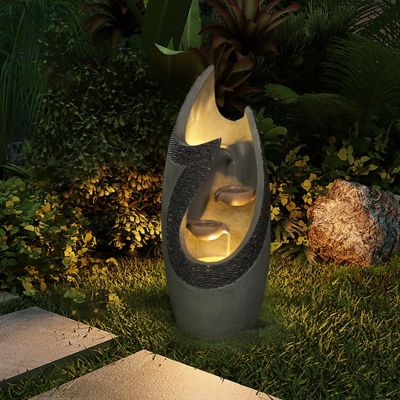 Image showing  37 in. 3-Tier Outdoor Gray Resin Modern Tiered Fountain with LED Lights, WHF879