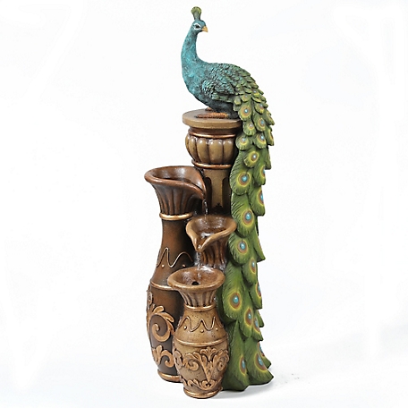 LuxenHome Resin Pedestal Peacock and Urns Outdoor Fountain, WHF904
