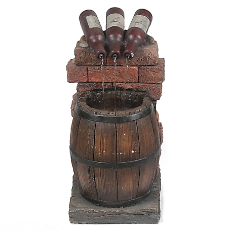 LuxenHome Resin Wine Bottle and Barrel Outdoor Fountain with LED Lights, WHF916