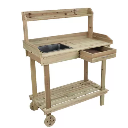 LuxenHome Natural Wood 1-Drawer 2-Shelf Mobile Potting Bench with Storage Garden Hand Tools