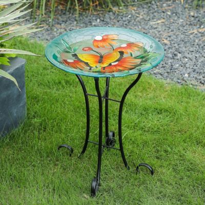 LuxenHome Butterfly and Flowers Glass Birdbath with Metal Stand, WHP1165