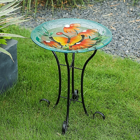 LuxenHome Butterfly and Flowers Glass Birdbath with Metal Stand, WHP1165