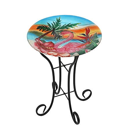 LuxenHome Flamingo Glass Birdbath with Metal Stand, WHP1520