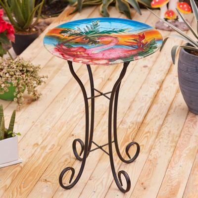 Image showing  22.5 in. Flamingo Glass Bird Bath with Metal Stand
