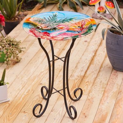 Image showing  22.5 in. Flamingo Glass Bird Bath with Metal Stand
