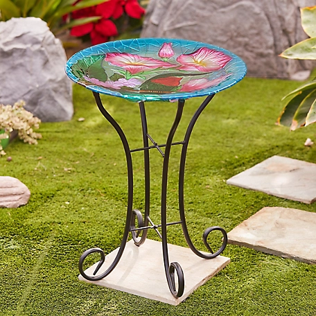 LuxenHome Hummingbird Floral Glass Birdbath with Metal Stand, WHP1521