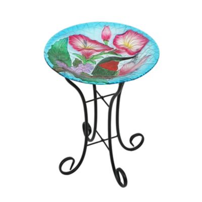 Image showing  22.5 in. Hummingbird Floral Glass Bird Bath with Metal Stand