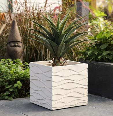 LuxenHome 40.8 qt. MGO Waves Square Planter, White, 14.17 in.